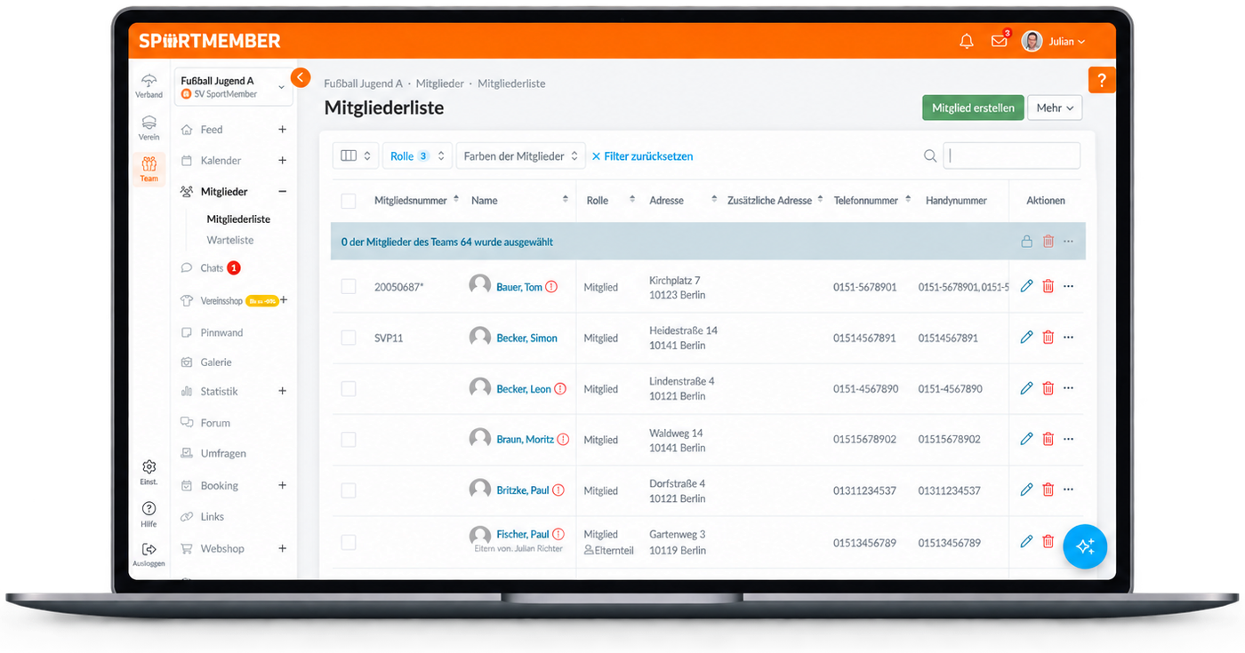 Mitgliederliste in der SportMember Webversion